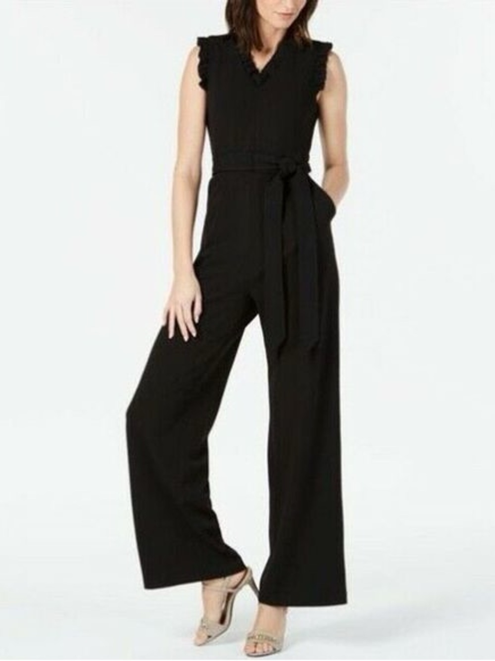 Calvin Klein Black Sleeveless Wide-Leg Jumpsuit with Self Tie